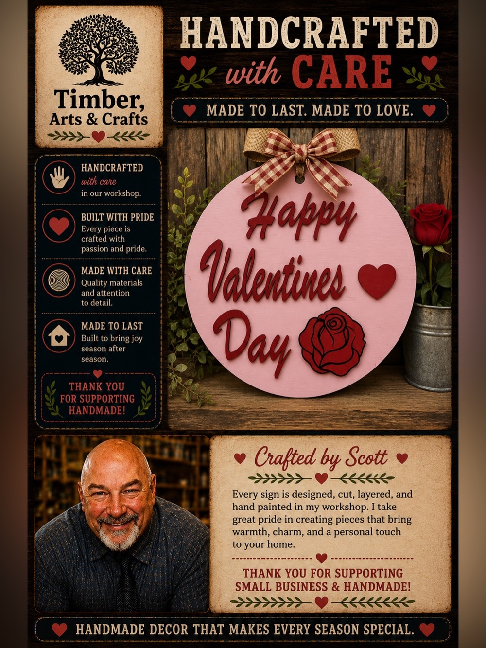 Handcrafted Pink and Red Valentine's Day Sign with a Rose